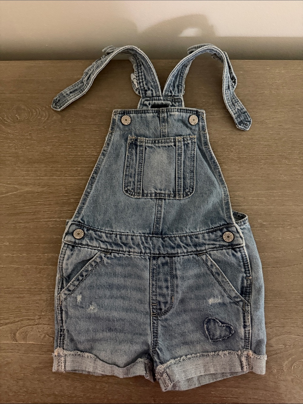 GAP Light Blue Denim Short Overalls with Heart Patch
